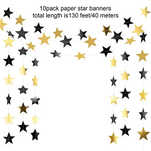 Glitter Star Garland Banner Decoration, 130 Feet Bright Gold Star Hanging Bunting Banner Backdrop for Engagement Wedding Baby Shower Birthday Christmas Decor (Black, Gold)