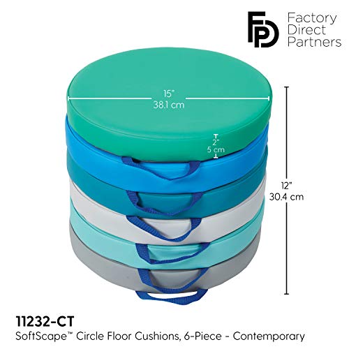 SoftScape 15 inch Round Floor Cushions with Handles; Flexible Seating for in-Home Distance Learning, Daycare, Preschool, Classroom; 2 inch Thick Deluxe Foam (6-Piece) - Contemporary, 11232-CT