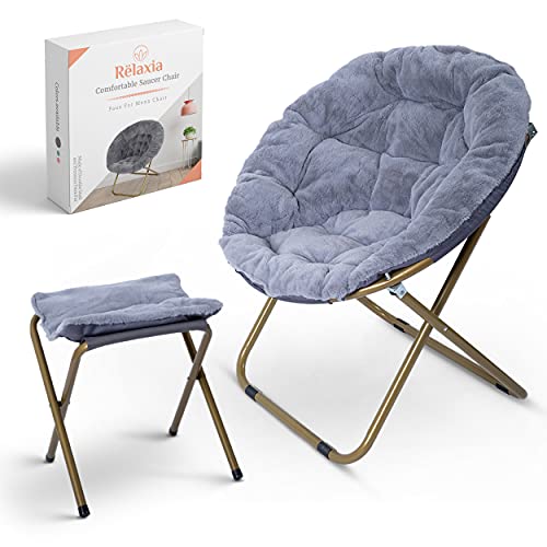 RËLAXIA Saucer Chair | 31.5x31.5x31.5’’ | Fluffy Faux Fur Moon Chair with Strong Steel Legs | Foldable, Grey Comfy Chair | Footrest Included | Stylish Saucer Chairs for Adults and Kids (Grey)