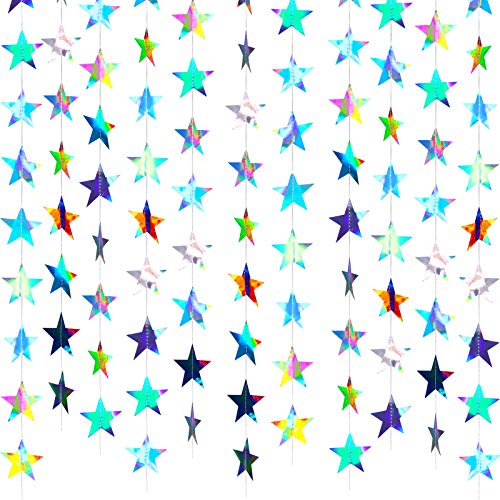 Glitter Star Garland Banner Decoration, 130 Feet Bright Gold Star Hanging Bunting Banner Backdrop for Engagement Wedding Baby Shower Birthday Christmas Decor (Holographic Iridescent)