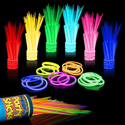 PartySticks Glow Sticks Party Supplies 100pk - 8 Inch Glow in the Dark Light Up Sticks Party Favors, Glow Party Decorations, Neon Party Glow Necklaces and Glow Bracelets with Connectors