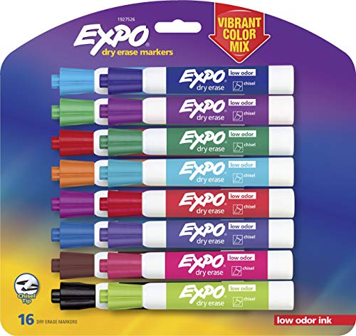 EXPO Low Odor Dry Erase Markers, Chisel Tip, Assorted Colors, 16 Count