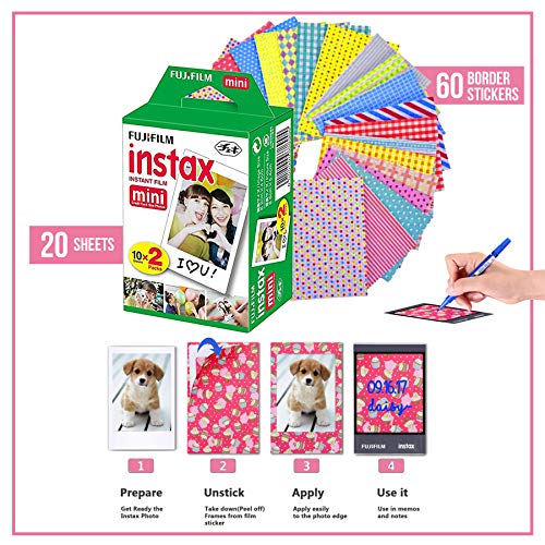 Fujifilm Instax Mini Instant Film (3 Pack, 60 Sheets) 5 Plastic Desk Frames + 60 Sticker Frames + 2 Packs Corner Stickers