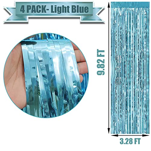 4 Pack Light Blue Foil Fringe Curtain Backdrop, 3.3Ft x 9.8Ft Metallic Tinsel Foil Fringe Streamers Curtains for Photo Booth, Wedding, Thanksgiving, Birthday, Christmas, Halloween Party Decoration