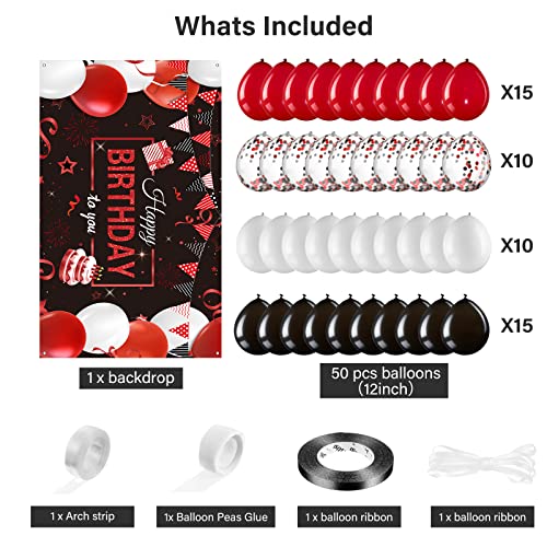 Birthday Party Decorations 50 Pieces Balloons Garland Kit Happy Birthday Backdrop Banner Sign Decorations for Kids Men Women Anniversary Birthday Party Supplies Decor(Red and Black)