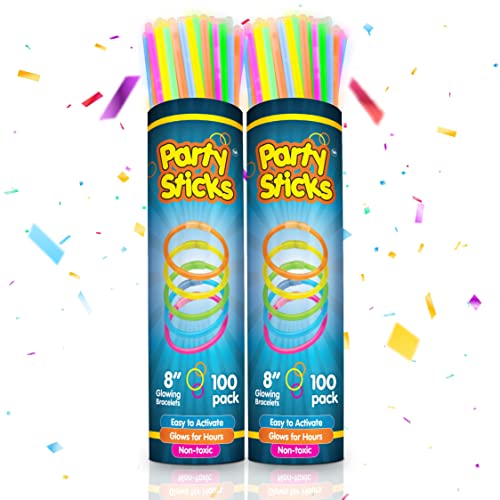 PartySticks Glow Sticks Party Supplies 200pk - 8 Inch Glow in the Dark Light Up Sticks Party Favors, Glow Party Decorations, Neon Party Glow Necklaces and Glow Bracelets with Connectors