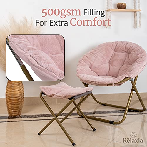 RËLAXIA Saucer Chair | 31.5x31.5x31.5’’ | Fluffy Faux Fur Moon Chair with Strong Steel Legs | Foldable, Grey Comfy Chair | Footrest Included | Stylish Saucer Chairs for Adults and Kids (Pink)