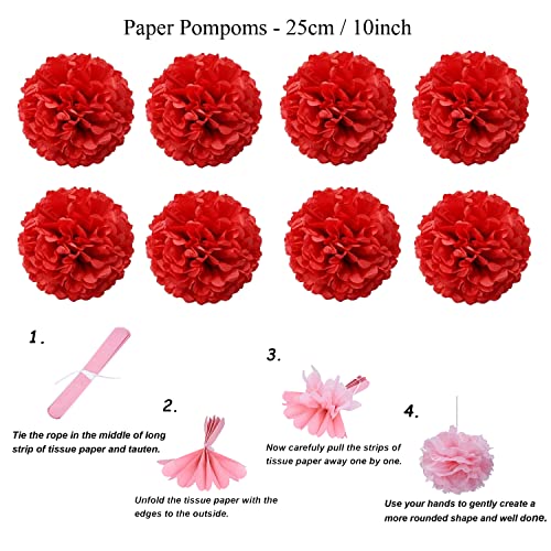 ZERODECO Party Decoration, 21 Pcs Red Hanging Paper Fans Pom Poms Flowers, Garlands String and Triangle Bunting Flags for Birthday Parties Baby Showers Wedding