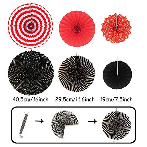 ZERODECO Party Decoration, 21 Pcs Black and Red Hanging Paper Fans Pom Poms Flowers, Garlands String Polka Dot and Triangle Bunting Flags for Minnie Mouse Birthday Parties Baby Showers Wedding