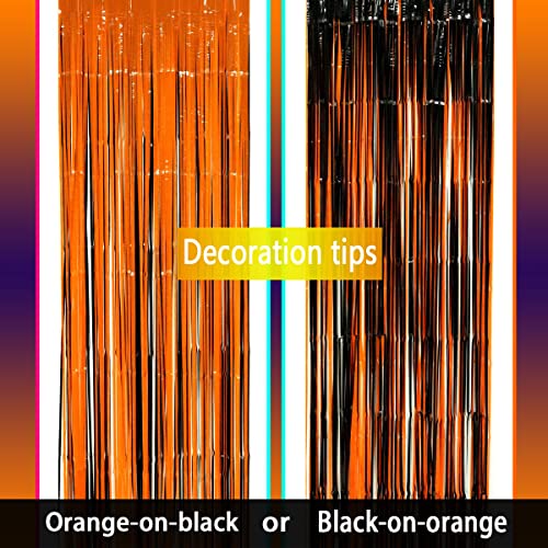 Black Orange Party Foil Curtains - Halloween Graduation Party Metallic Tinsel Foil Fringe Curtains Construction Birthday Baby Shower Wedding Party Photo Booth Props Backdrops Decorations, 4pc