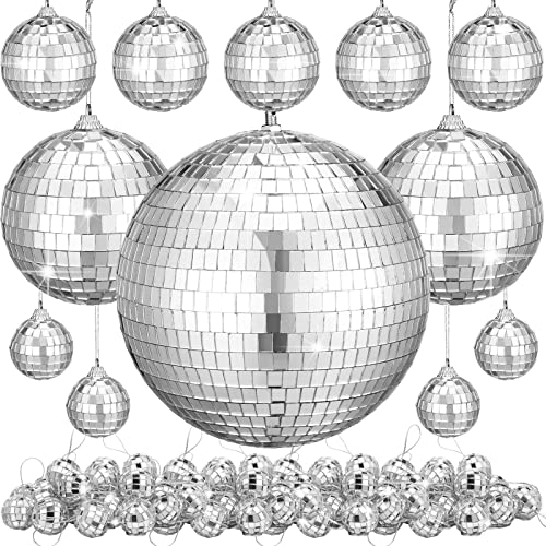 40 Pack Mirror Disco Ball in Variety Silver Hanging Glass Mirror Ball Light Ball with String Disco Hanging Ornament for Club Stage Bar Birthday 70s Party Decoration (6/ 3/ 2/ 1.2/ 0.8 Inch)