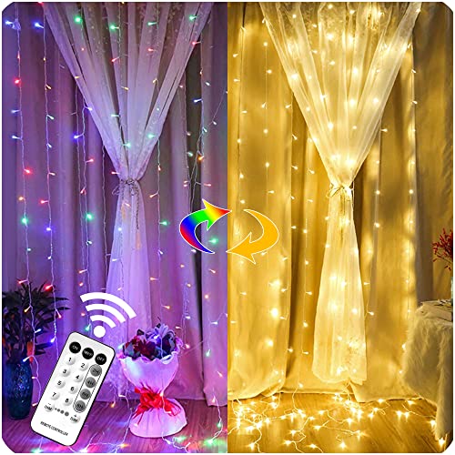 MAGGIFT 304 LED Curtain String Lights, 9.8 x 9.8 ft, Christmas Window Fairy RGB Color Changing Light 8 Modes & Remote, Backdrop for Indoor Outdoor Bedroom Wedding Decoration, Warm White & Multicolor