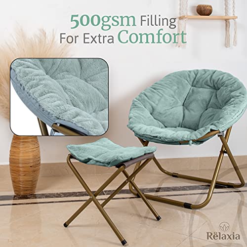 Rëlaxia Saucer Chair | 31.5x31.5x31.5’’ | Fluffy Faux Fur Moon Chair with Strong Steel Legs | Foldable, Grey Comfy Chair | Footrest Included | Stylish Saucer Chairs for Adults and Kids - Blue