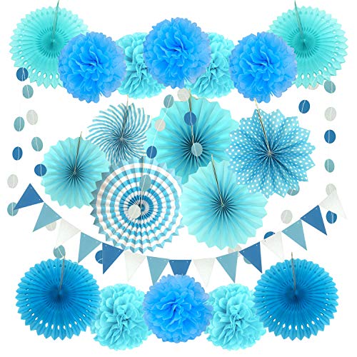 ZERODECO Party Decoration, 21 Pcs Blue Hanging Paper Fans, Pom Poms Flowers, Garlands String Polka Dot and Triangle Bunting Flags for Boy Birthday Parties, Bridal Showers, Baby Showers, Wedding