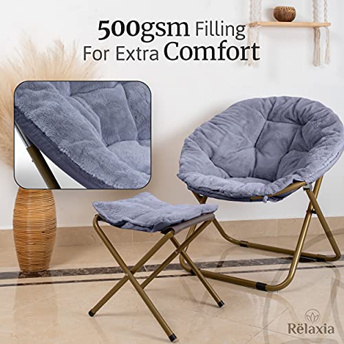 RËLAXIA Saucer Chair | 31.5x31.5x31.5’’ | Fluffy Faux Fur Moon Chair with Strong Steel Legs | Foldable, Grey Comfy Chair | Footrest Included | Stylish Saucer Chairs for Adults and Kids (Grey)