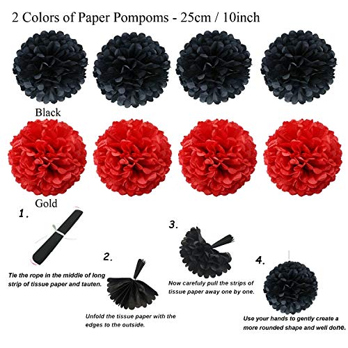 ZERODECO Party Decoration, 21 Pcs Black and Red Hanging Paper Fans Pom Poms Flowers, Garlands String Polka Dot and Triangle Bunting Flags for Minnie Mouse Birthday Parties Baby Showers Wedding