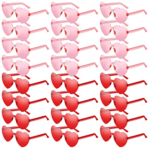 AOOFFIV 24 PCS Heart Shape Sunglasses Rimless Transparent Candy Color Heart Glasses Love Eyewear Party Favors (ren+pink)