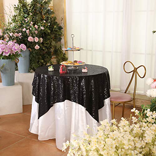 PartyDelight Sequin Tablecloth, Sequin Table Overlay Square, 50"x50", Black