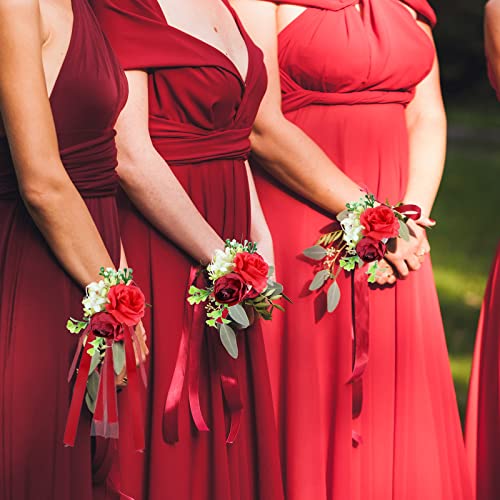 Maitys 8 Pieces Wrist Corsage and Boutonniere Set Buttonholes for Women and Men Corsage Wristband Roses Wedding Accessories for Groom Groomsman Brides Prom(Red)