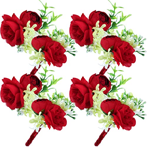 Maitys 8 Pieces Wrist Corsage and Boutonniere Set Buttonholes for Women and Men Corsage Wristband Roses Wedding Accessories for Groom Groomsman Brides Prom(Red)