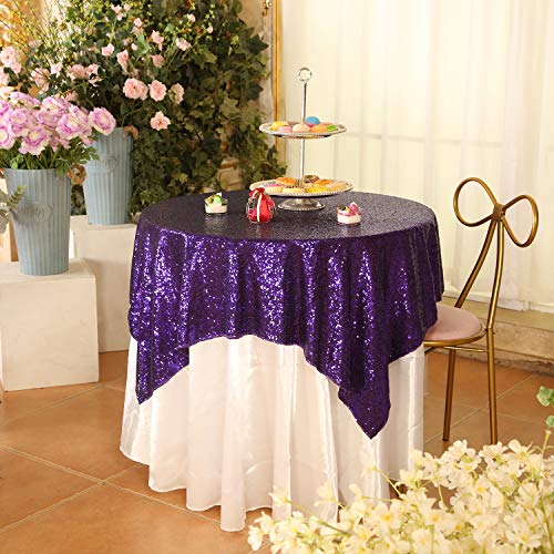 PartyDelight Sequin Tablecloth, Sequin Table Overlay Square, 50"x50", Purple