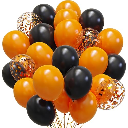 Orange Black Latex Balloons, 65pcs 12 Inches Black Orange Confetti Balloons with 1 Ribbon for Halloween, Birthday, Graduation, Harley Davidson Party Decorations