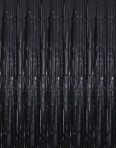 GOER 3.2 ft x 9.8 ft Black Photo Backdrop for Birthday Party Wedding Decor, 1 Pack Black Metallic Tinsel Foil Fringe Curtains Party Decorations