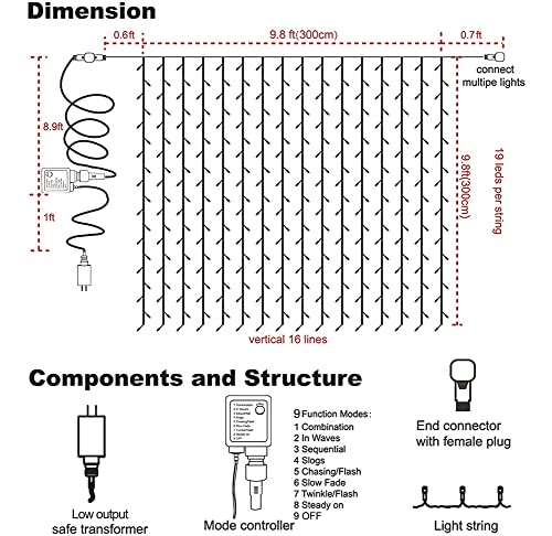 MAGGIFT 304 LED Curtain String Lights, 9.8 x 9.8 ft, 8 Modes Plug in Fairy String Light with Remote Control, Christmas, Backdrop for Indoor Outdoor Bedroom Window Wedding Party Decoration, Cool White