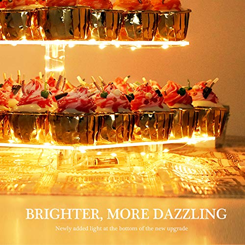 Cupcake Stand - Premium Cupcake Holder - Acrylic Cupcake Tower Display - Cady Bar Party Décor - 4 Tier Acrylic Display for Pastry + LED Light String - Ideal for Weddings, Birthday (Yellow Light)