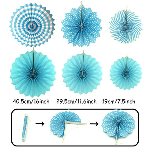 ZERODECO Party Decoration, 21 Pcs Blue Hanging Paper Fans, Pom Poms Flowers, Garlands String Polka Dot and Triangle Bunting Flags for Boy Birthday Parties, Bridal Showers, Baby Showers, Wedding