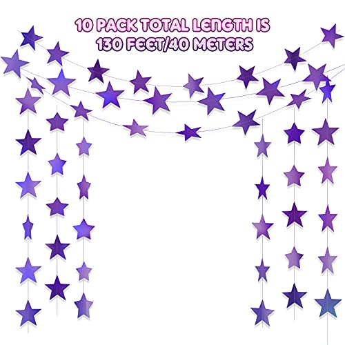 Glitter Star Garland Banner Decoration, 130 Feet Bright Gold Star Hanging Bunting Banner Backdrop for Engagement Wedding Baby Shower Birthday Christmas Decor (Holographic Purple)