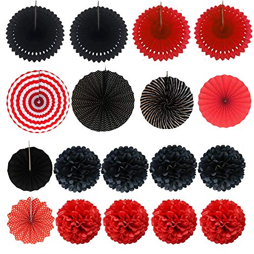 ZERODECO Party Decoration, 21 Pcs Black and Red Hanging Paper Fans Pom Poms Flowers, Garlands String Polka Dot and Triangle Bunting Flags for Minnie Mouse Birthday Parties Baby Showers Wedding