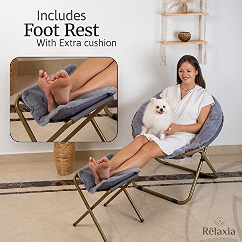 RËLAXIA Saucer Chair | 31.5x31.5x31.5’’ | Fluffy Faux Fur Moon Chair with Strong Steel Legs | Foldable, Grey Comfy Chair | Footrest Included | Stylish Saucer Chairs for Adults and Kids (Grey)