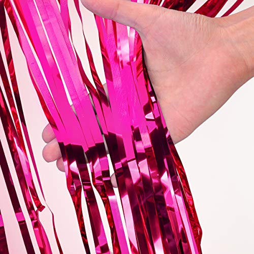 2 Pcs 3.2ft x 8.2ft Shiny Hot Pink Metallic Tinsel Foil Fringe Curtains Photo Booth Backdrop for Birthday Wedding Holiday Celebration Bachelorette Party Decorations (Hot Pink)