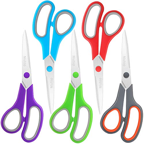 Scissors Bulk Set of 5-Pack, Niutop 8" Multipurpose Sharp Scissors for Office Home High/Middle School Student Teacher Scissor Supplies Kit, Soft Comfort-Grip Right/Left Handles, Back to School Gift