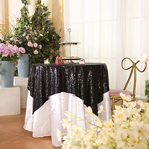 PartyDelight Sequin Tablecloth, Sequin Table Overlay Square, 50"x50", Black