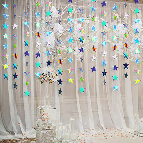 Glitter Star Garland Banner Decoration, 130 Feet Bright Gold Star Hanging Bunting Banner Backdrop for Engagement Wedding Baby Shower Birthday Christmas Decor (Holographic Iridescent)