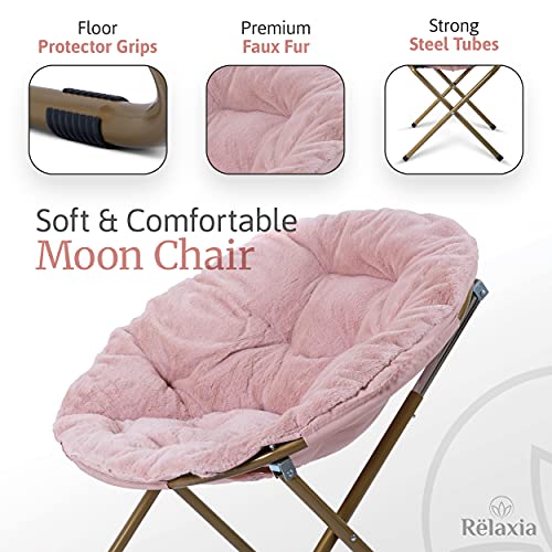 RËLAXIA Saucer Chair | 31.5x31.5x31.5’’ | Fluffy Faux Fur Moon Chair with Strong Steel Legs | Foldable, Grey Comfy Chair | Footrest Included | Stylish Saucer Chairs for Adults and Kids (Pink)