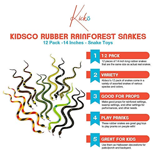 Kicko 14 Inch Assorted Big Rainforest Snakes - 12 Pieces Stretchy Limbless Replica Reptiles, Gag Toy, Idea, Carnival Game Prizes, Science and Nature, Eco-Friendly Repellent, Goody Bag, Floater