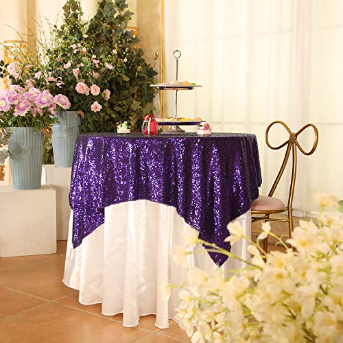 PartyDelight Sequin Tablecloth, Sequin Table Overlay Square, 50"x50", Purple