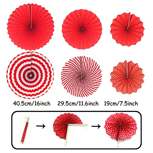 ZERODECO Party Decoration, 21 Pcs Red Hanging Paper Fans Pom Poms Flowers, Garlands String and Triangle Bunting Flags for Birthday Parties Baby Showers Wedding