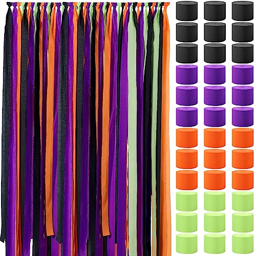 Chuangdi 36 Rolls Halloween Crepe Paper Streamers Orange Black Purple Green Crepe Paper Streamers Rolls Hanging Party Streamer for DIY Art Project Supplies Halloween Party Backdrop Decorations