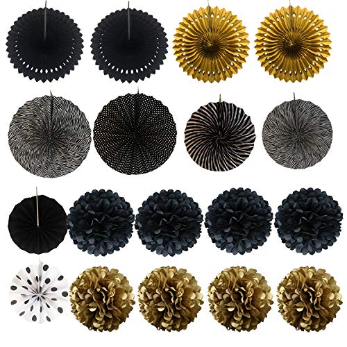 ZERODECO Party Decoration, 21 Pcs Black and Gold Hanging Paper Fans, Pom Poms Flowers, Garlands String Polka Dot and Triangle Bunting Flags for Birthday Parties Wedding Décor, Table & Wall Decorations