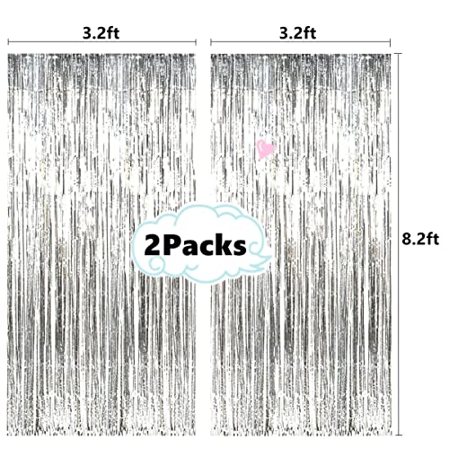 2 Pcs 3.2ft x 8.2ft Shiny Silver Metallic Tinsel Foil Fringe Curtains Photo Booth Backdrop for Birthday Wedding Holiday Celebration Bachelorette Party Decorons (Silver)