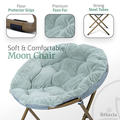 Rëlaxia Saucer Chair | 31.5x31.5x31.5’’ | Fluffy Faux Fur Moon Chair with Strong Steel Legs | Foldable, Grey Comfy Chair | Footrest Included | Stylish Saucer Chairs for Adults and Kids - Blue