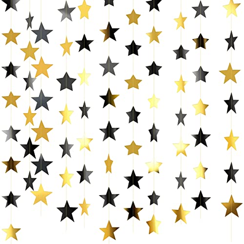 Glitter Star Garland Banner Decoration, 130 Feet Bright Gold Star Hanging Bunting Banner Backdrop for Engagement Wedding Baby Shower Birthday Christmas Decor (Black, Gold)