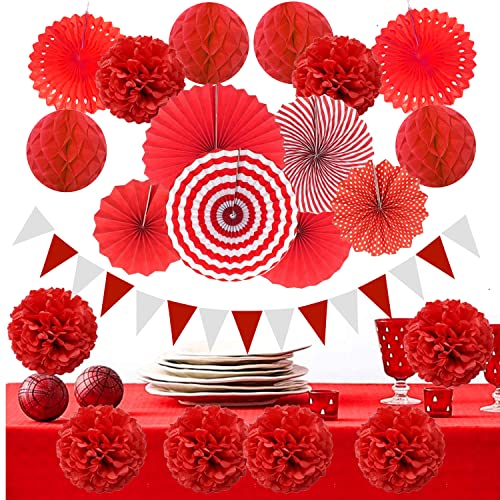 ZERODECO Party Decoration, 21 Pcs Red Hanging Paper Fans Pom Poms Flowers, Garlands String and Triangle Bunting Flags for Birthday Parties Baby Showers Wedding