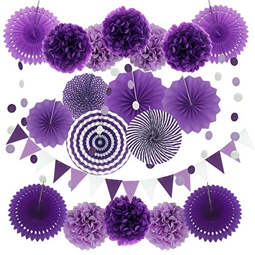 ZERODECO Party Decoration, 21 Pcs Purple and Lavender Hanging Paper Fans, Pom Poms Flowers, Garlands String Polka Dot and Triangle Bunting Flags for Birthday Parties, Bridal Showers, Baby Showers, Wedding, Mermaid Party