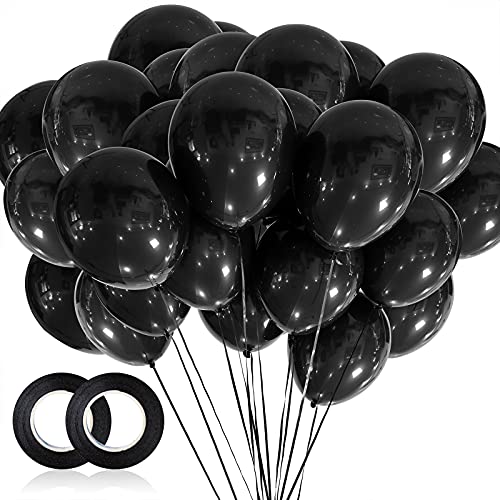 100pcs Black Balloons, 12 inch Black Latex Party Balloons Helium Quality for Party Decoration Like Birthday Party, Baby Shower,Wedding, Halloween or Christmas Party (with Black Ribbon)…