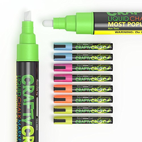 Crafty Croc Liquid Chalk Markers, Neon Chalk Pens Glow Under Blacklight, Includes 2 Each Fluorescent Yellow, Blue, Green, Orange and Pink (10 Pack)